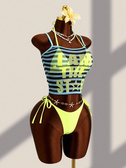 Zestiva 3pcs Set:Blue,Summer,Y2k,Beach Women Tankini Mesh Stripe Camisole,Spaghetti Strap Bralette&Side Tie Bikini Bottoms Tropical Bathing Suit