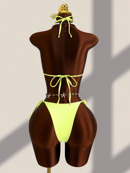 Zestiva 3pcs Set:Blue,Summer,Y2k,Beach Women Tankini Mesh Stripe Camisole,Spaghetti Strap Bralette&Side Tie Bikini Bottoms Tropical Bathing Suit
