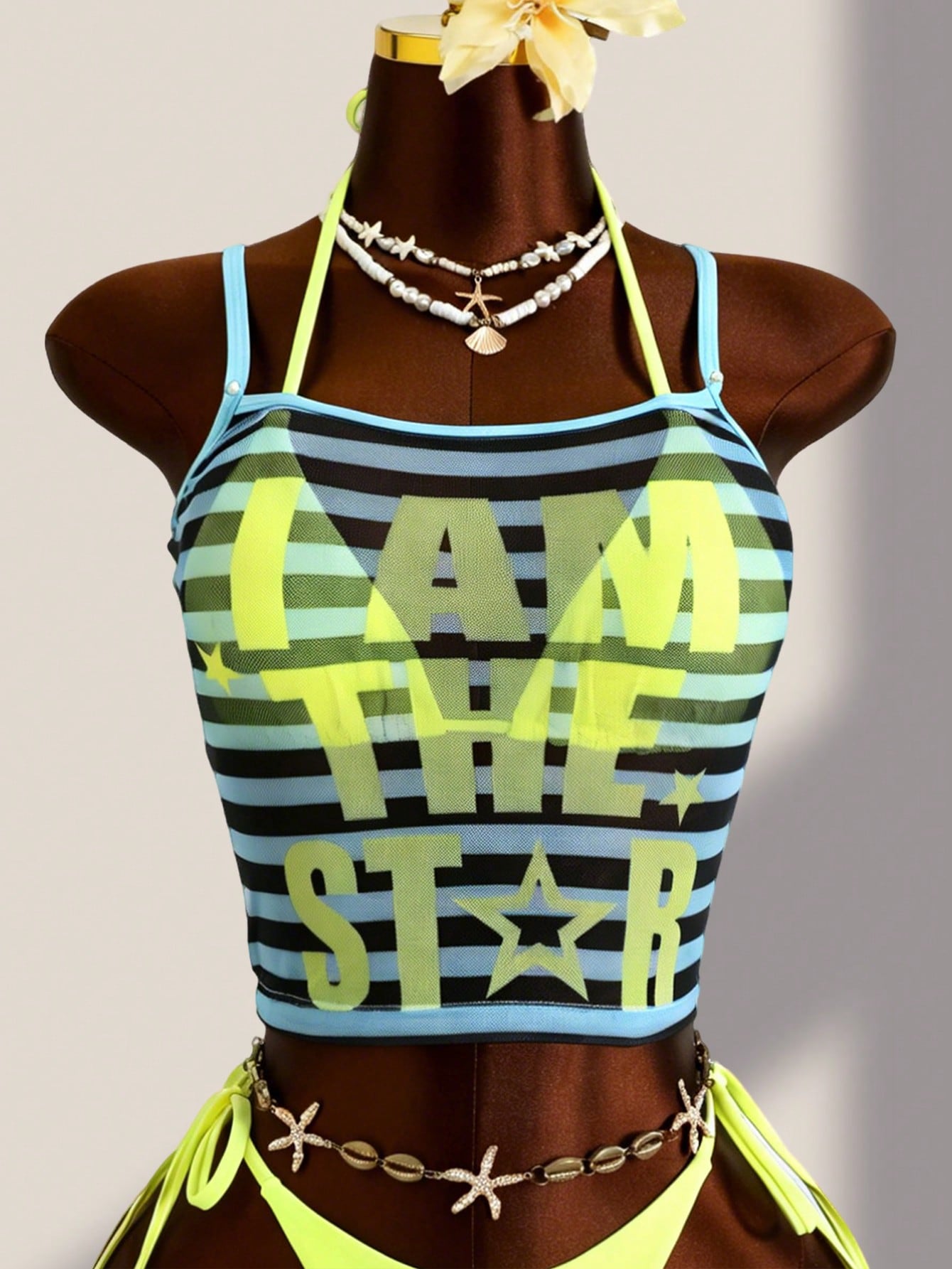 Zestiva 3pcs Set:Blue,Summer,Y2k,Beach Women Tankini Mesh Stripe Camisole,Spaghetti Strap Bralette&Side Tie Bikini Bottoms Tropical Bathing Suit