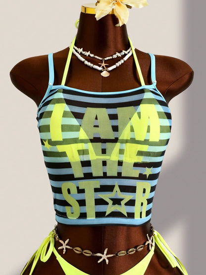 Zestiva 3pcs Set:Blue,Summer,Y2k,Beach Women Tankini Mesh Stripe Camisole,Spaghetti Strap Bralette&Side Tie Bikini Bottoms Tropical Bathing Suit