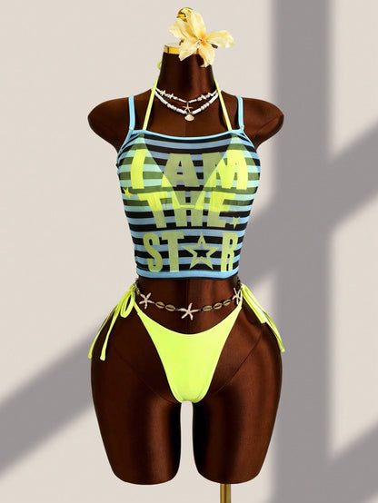 Zestiva 3pcs Set:Blue,Summer,Y2k,Beach Women Tankini Mesh Stripe Camisole,Spaghetti Strap Bralette&Side Tie Bikini Bottoms Tropical Bathing Suit