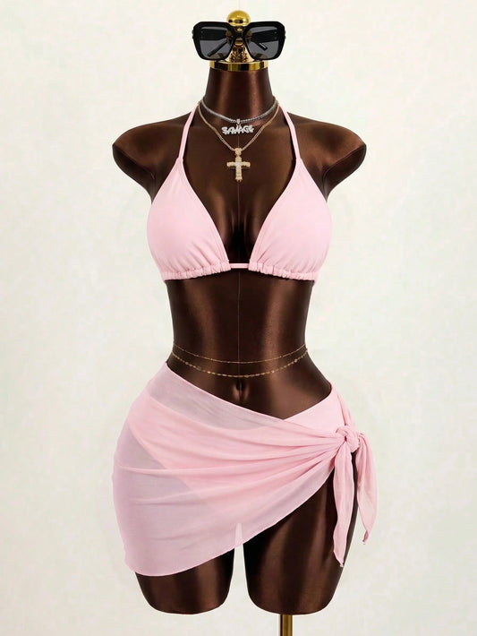 Zestiva 3pcs/Set Solid Color Textured Bikini Swimwear For Beach Vacation For Summer