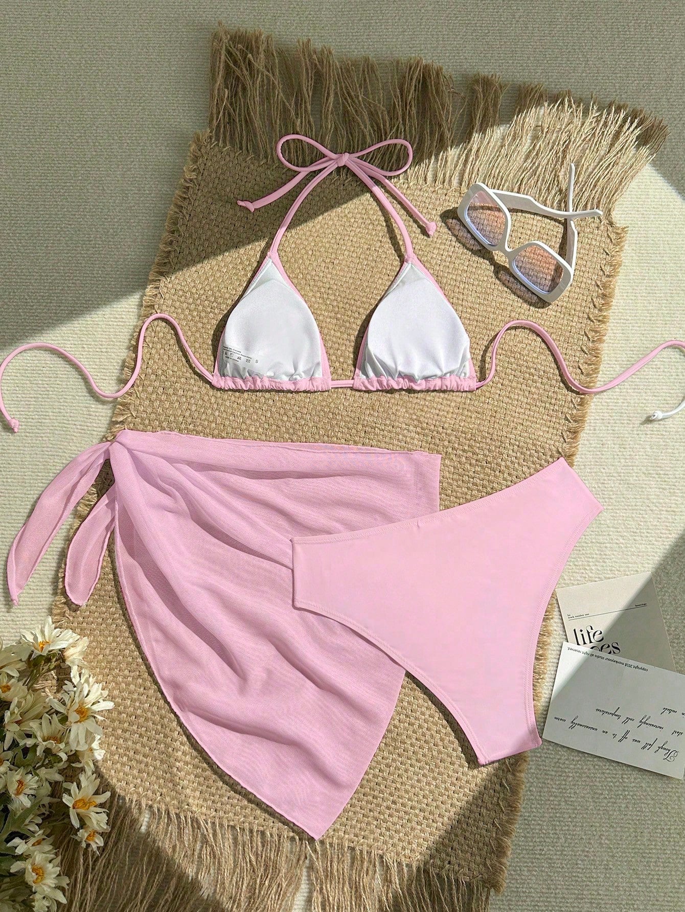 Zestiva 3pcs/Set Solid Color Textured Bikini Swimwear For Beach Vacation For Summer