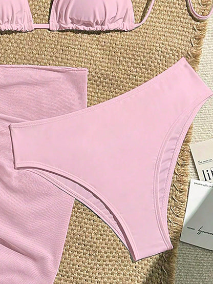 Zestiva 3pcs/Set Solid Color Textured Bikini Swimwear For Beach Vacation For Summer