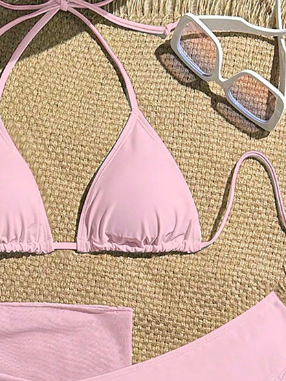 Zestiva 3pcs/Set Solid Color Textured Bikini Swimwear For Beach Vacation For Summer