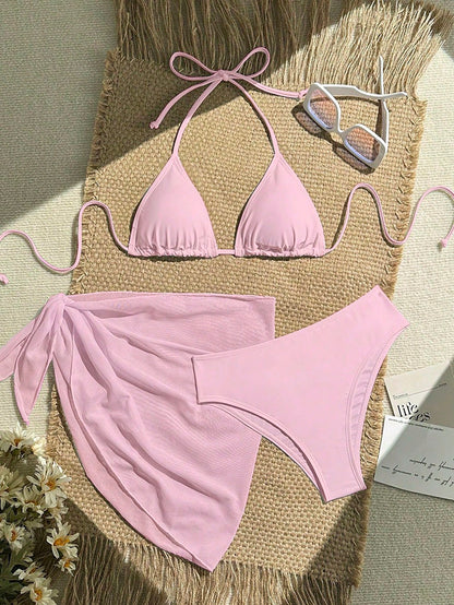 Zestiva 3pcs/Set Solid Color Textured Bikini Swimwear For Beach Vacation For Summer