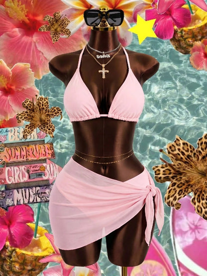 Zestiva 3pcs/Set Solid Color Textured Bikini Swimwear For Beach Vacation For Summer