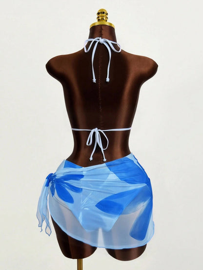 Zestiva 3pcs/Set Women's Floral Print Halter Neck Tie Back Sexy Bikini Swimwear For Beach Resort For Summer Beach Vacation