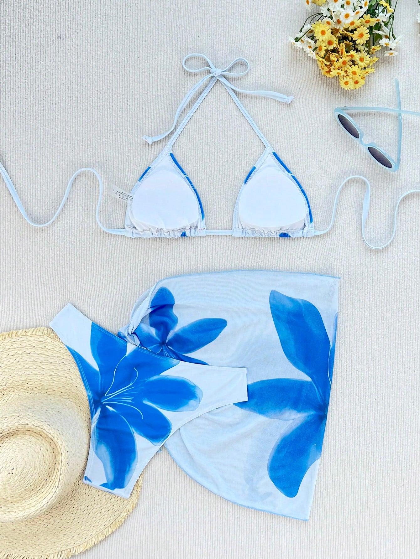 Zestiva 3pcs/Set Women's Floral Print Halter Neck Tie Back Sexy Bikini Swimwear For Beach Resort For Summer Beach Vacation