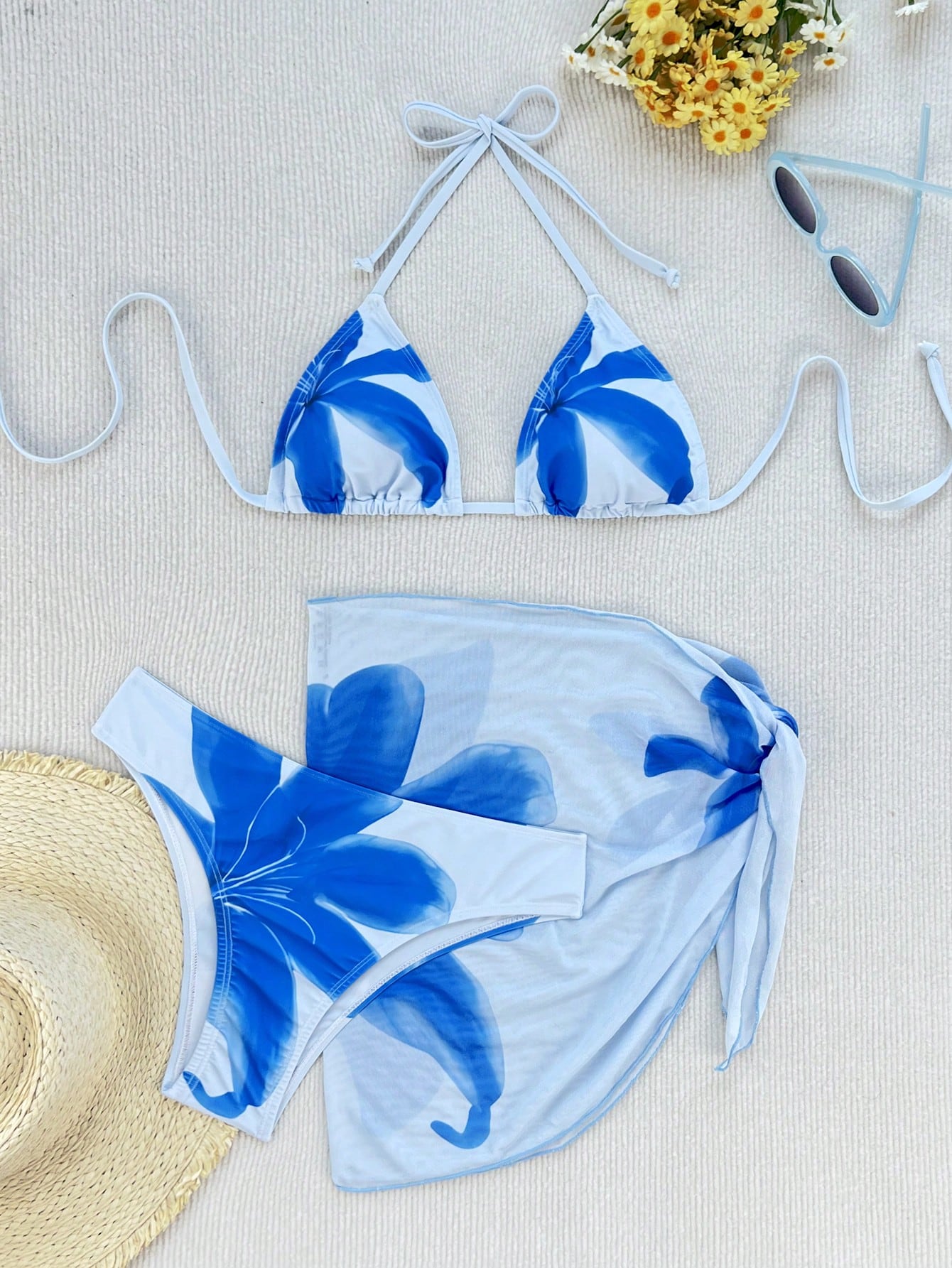 Zestiva 3pcs/Set Women's Floral Print Halter Neck Tie Back Sexy Bikini Swimwear For Beach Resort For Summer Beach Vacation