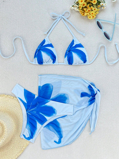 Zestiva 3pcs/Set Women's Floral Print Halter Neck Tie Back Sexy Bikini Swimwear For Beach Resort For Summer Beach Vacation