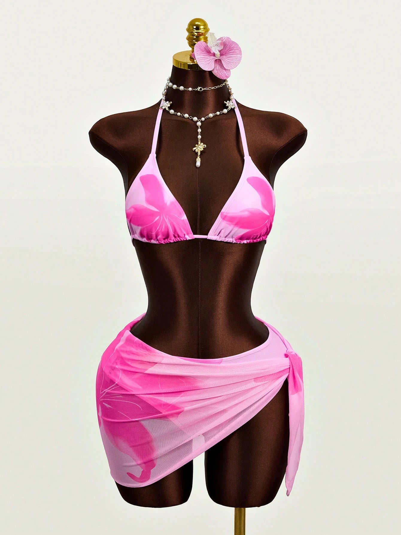 Zestiva 3pcs/Set Women's Floral Print Halter Neck Tie Back Sexy Bikini Swimwear For Beach Resort For Summer Beach Vacation