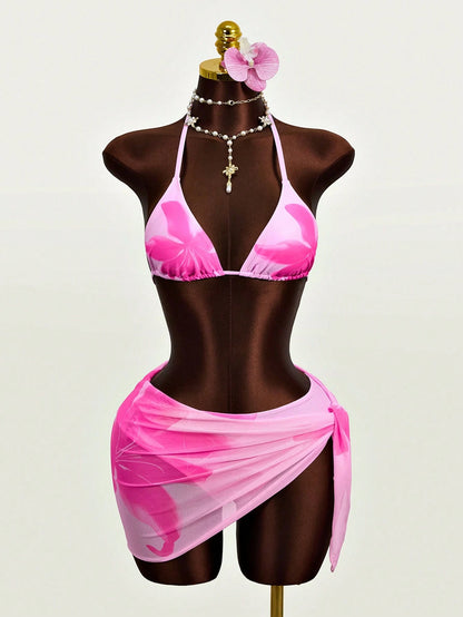 Zestiva 3pcs/Set Women's Floral Print Halter Neck Tie Back Sexy Bikini Swimwear For Beach Resort For Summer Beach Vacation