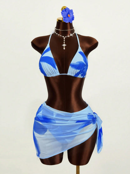 Zestiva 3pcs/Set Women's Floral Print Halter Neck Tie Back Sexy Bikini Swimwear For Beach Resort For Summer Beach Vacation