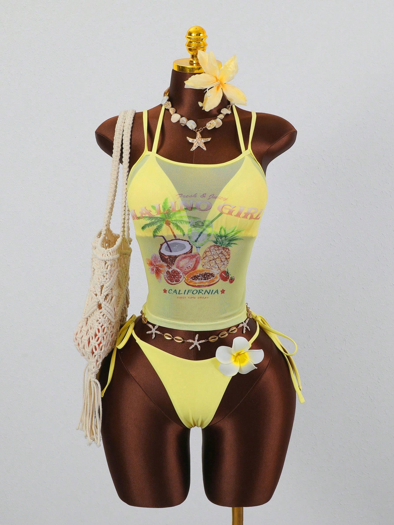 Zestiva 3pcs Set:Women's Summer Yellow Mesh Floral Print Camisole,Spaghetti Strap Bralette & Side Tie Bikini Bottoms,Casual Holiday Vacation Beach Swimwear