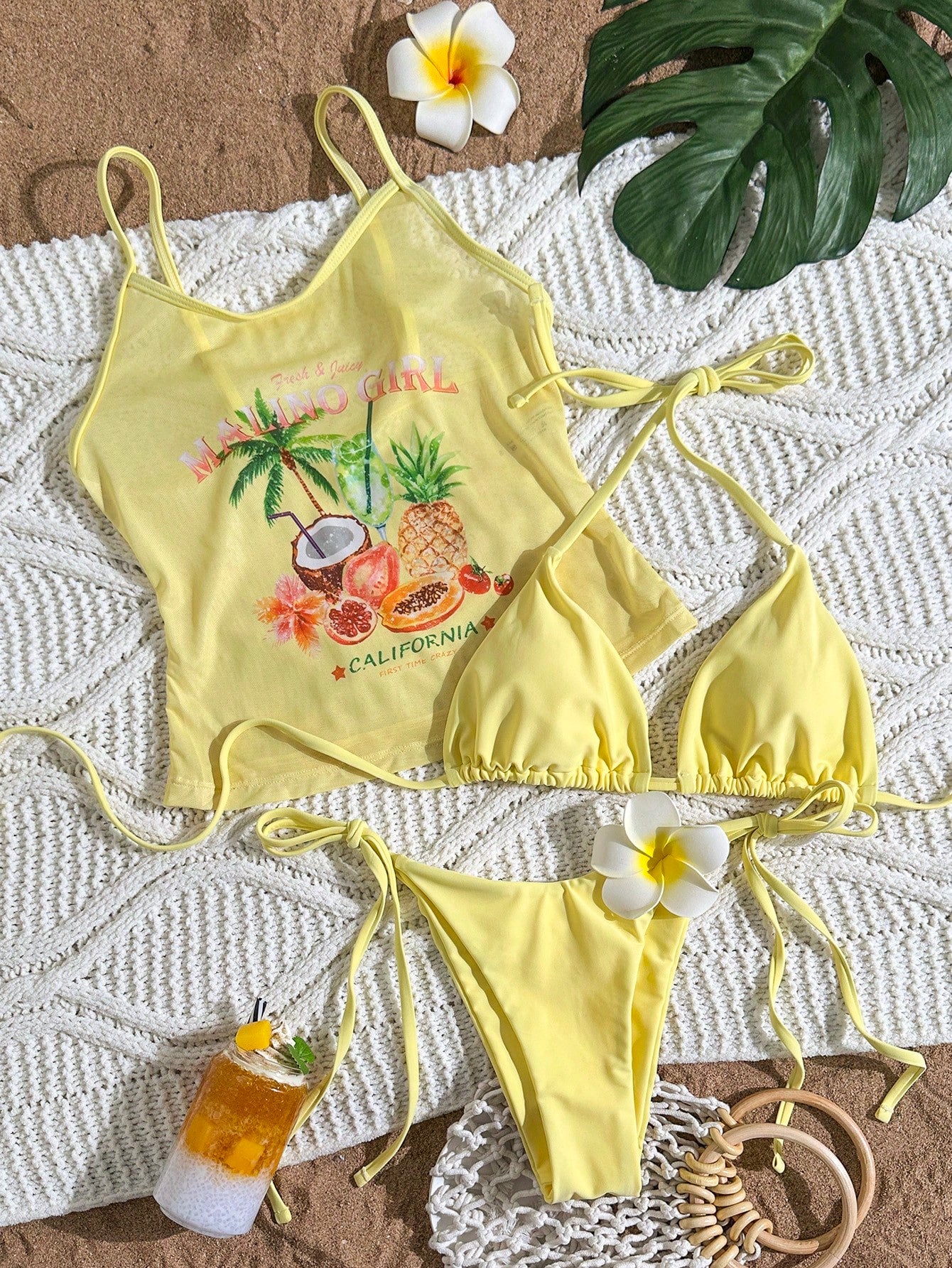 Zestiva 3pcs Set:Women's Summer Yellow Mesh Floral Print Camisole,Spaghetti Strap Bralette & Side Tie Bikini Bottoms,Casual Holiday Vacation Beach Swimwear