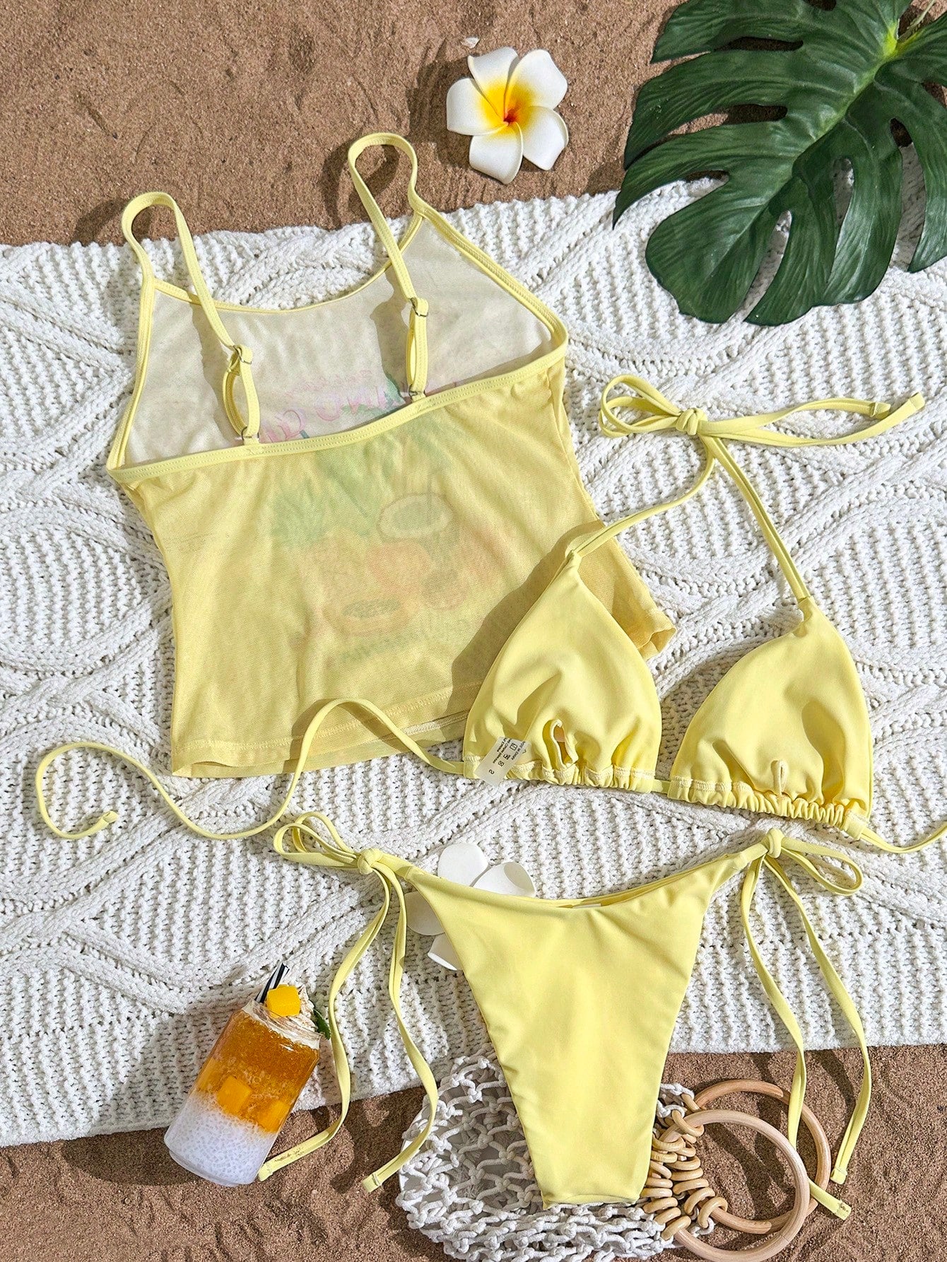 Zestiva 3pcs Set:Women's Summer Yellow Mesh Floral Print Camisole,Spaghetti Strap Bralette & Side Tie Bikini Bottoms,Casual Holiday Vacation Beach Swimwear