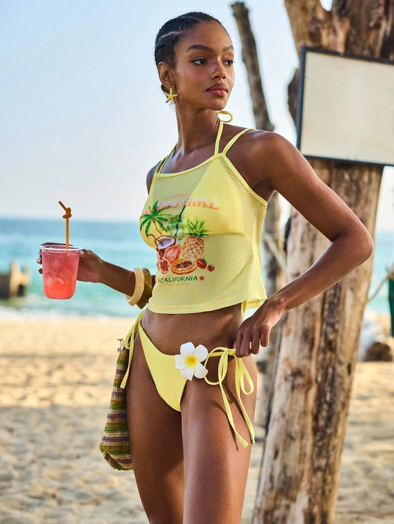 Zestiva 3pcs Set:Women's Summer Yellow Mesh Floral Print Camisole,Spaghetti Strap Bralette & Side Tie Bikini Bottoms,Casual Holiday Vacation Beach Swimwear
