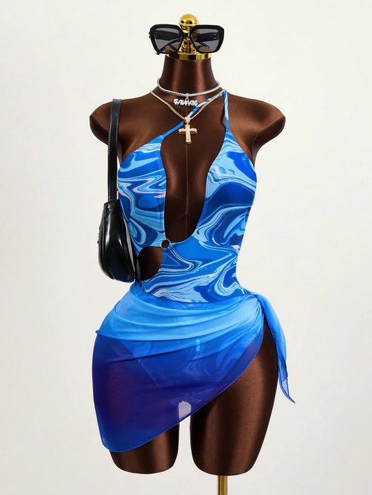 Zestiva Summer Beach Marble Print Cut Out One Shoulder One Piece Swimsuit