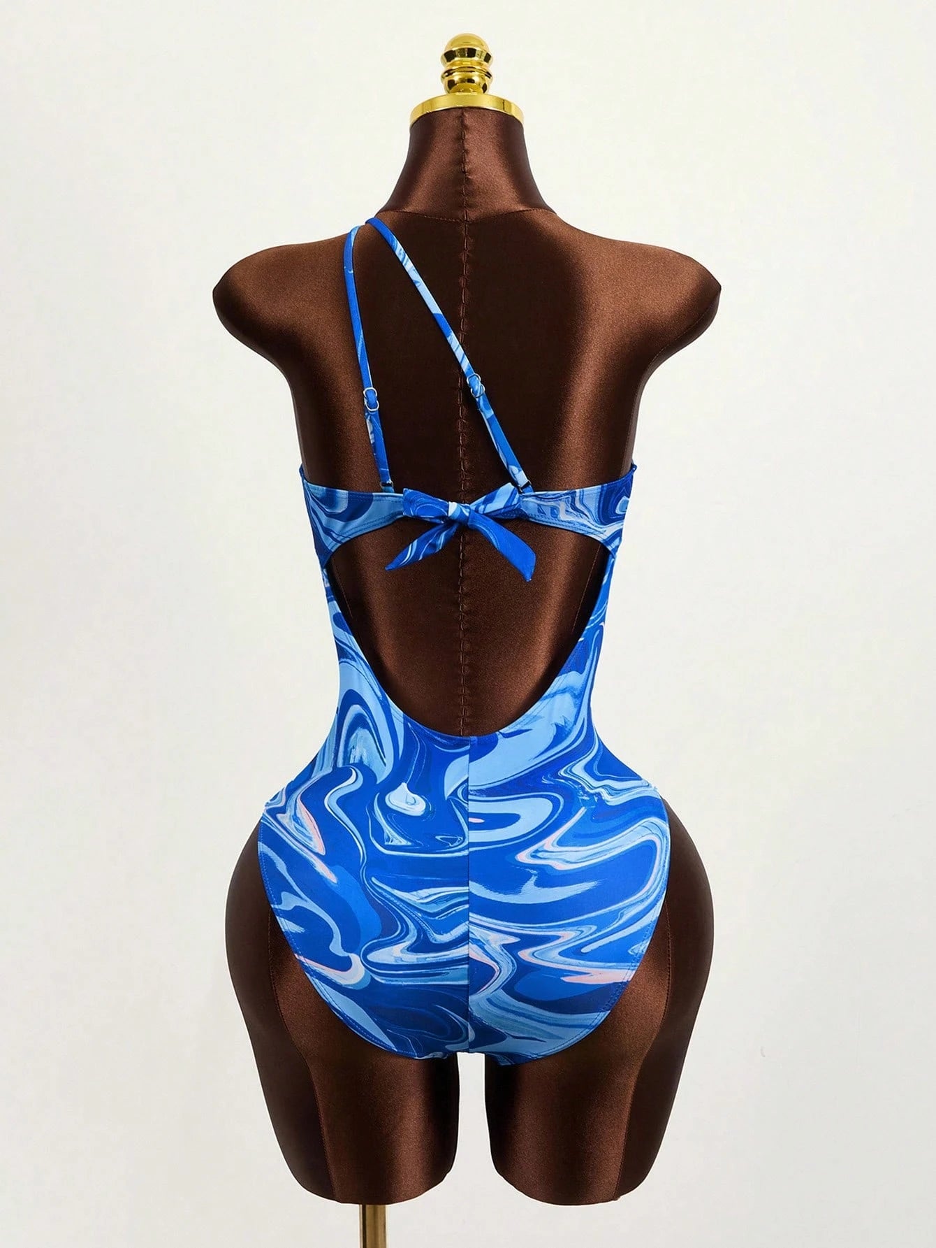 Zestiva Summer Beach Marble Print Cut Out One Shoulder One Piece Swimsuit