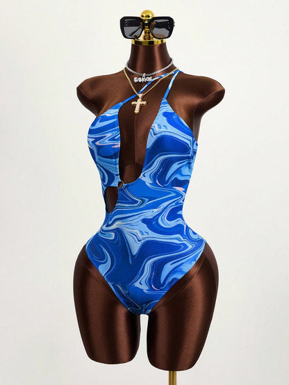 Zestiva Summer Beach Marble Print Cut Out One Shoulder One Piece Swimsuit