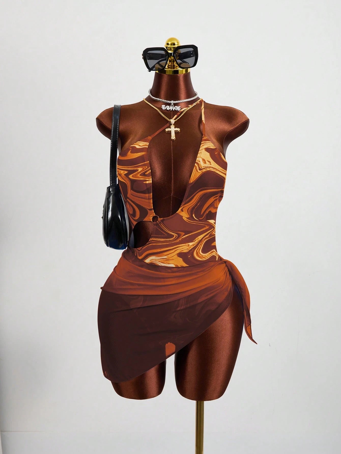 Zestiva Summer Beach Marble Print Cut Out One Shoulder One Piece Swimsuit
