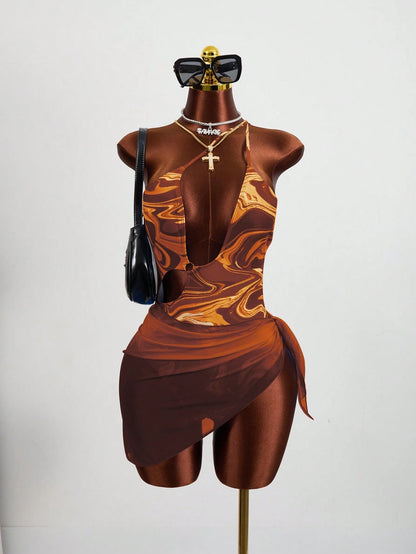 Zestiva Summer Beach Marble Print Cut Out One Shoulder One Piece Swimsuit