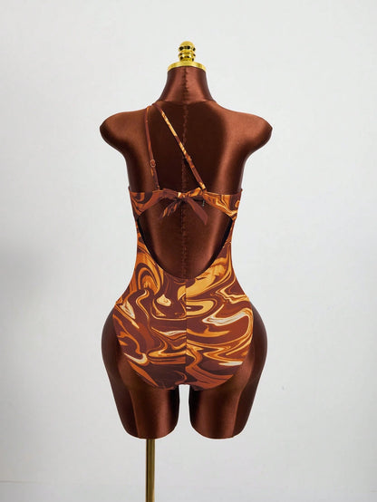 Zestiva Summer Beach Marble Print Cut Out One Shoulder One Piece Swimsuit