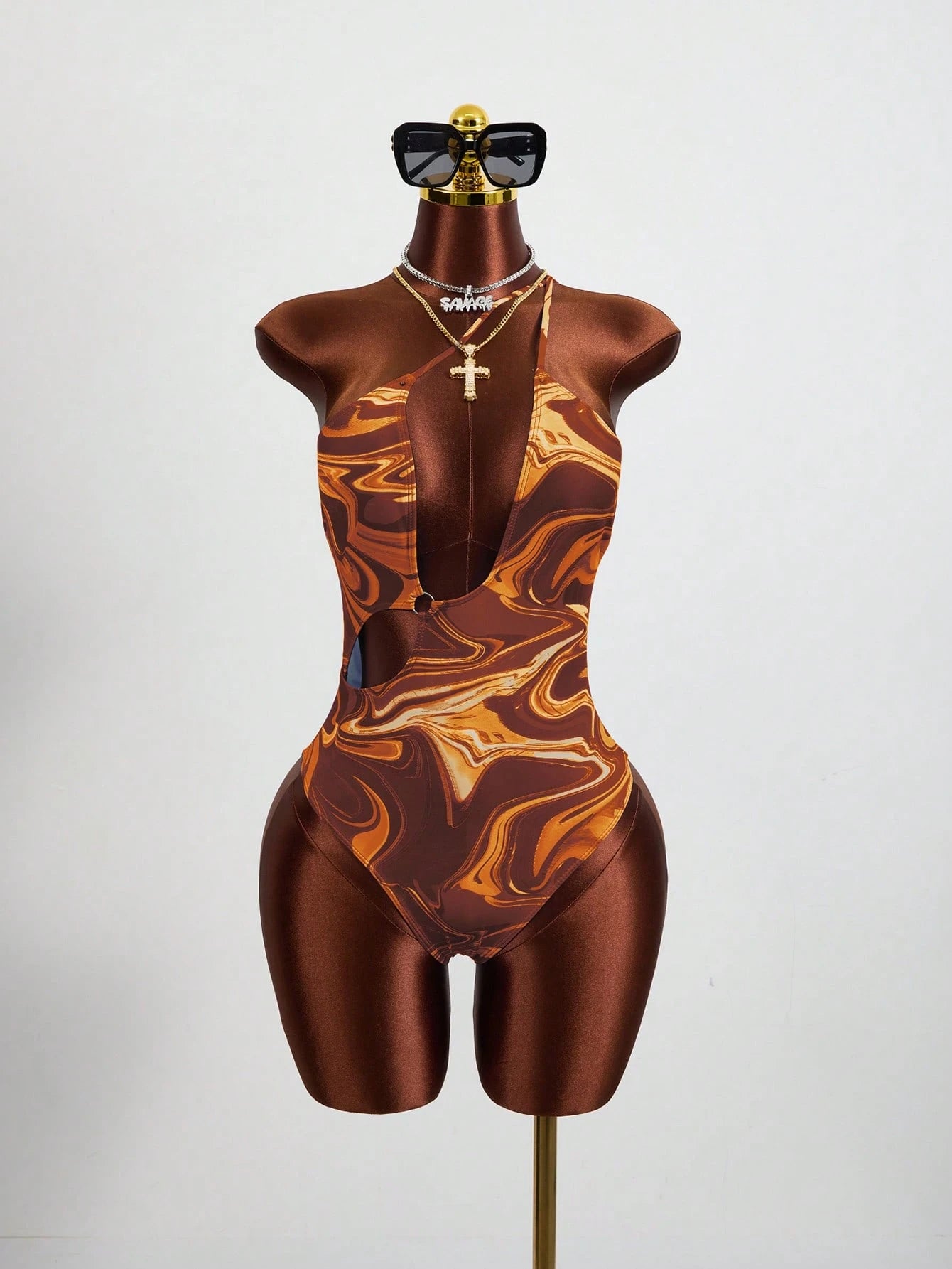 Zestiva Summer Beach Marble Print Cut Out One Shoulder One Piece Swimsuit