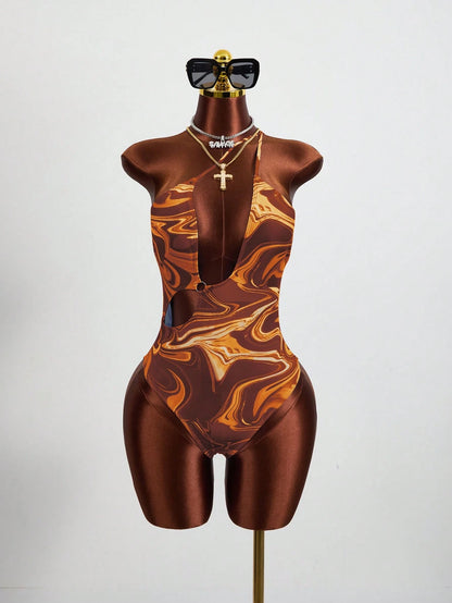 Zestiva Summer Beach Marble Print Cut Out One Shoulder One Piece Swimsuit