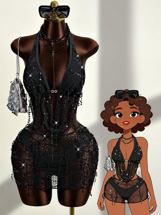 Zestiva Women's Black Summer 3 PiecesSwimsuit Set,70s Retro Sequin Tassel Plunging Neck Showgirl Birthday Outfit For Ladies,Beach Party Resort Diva Club