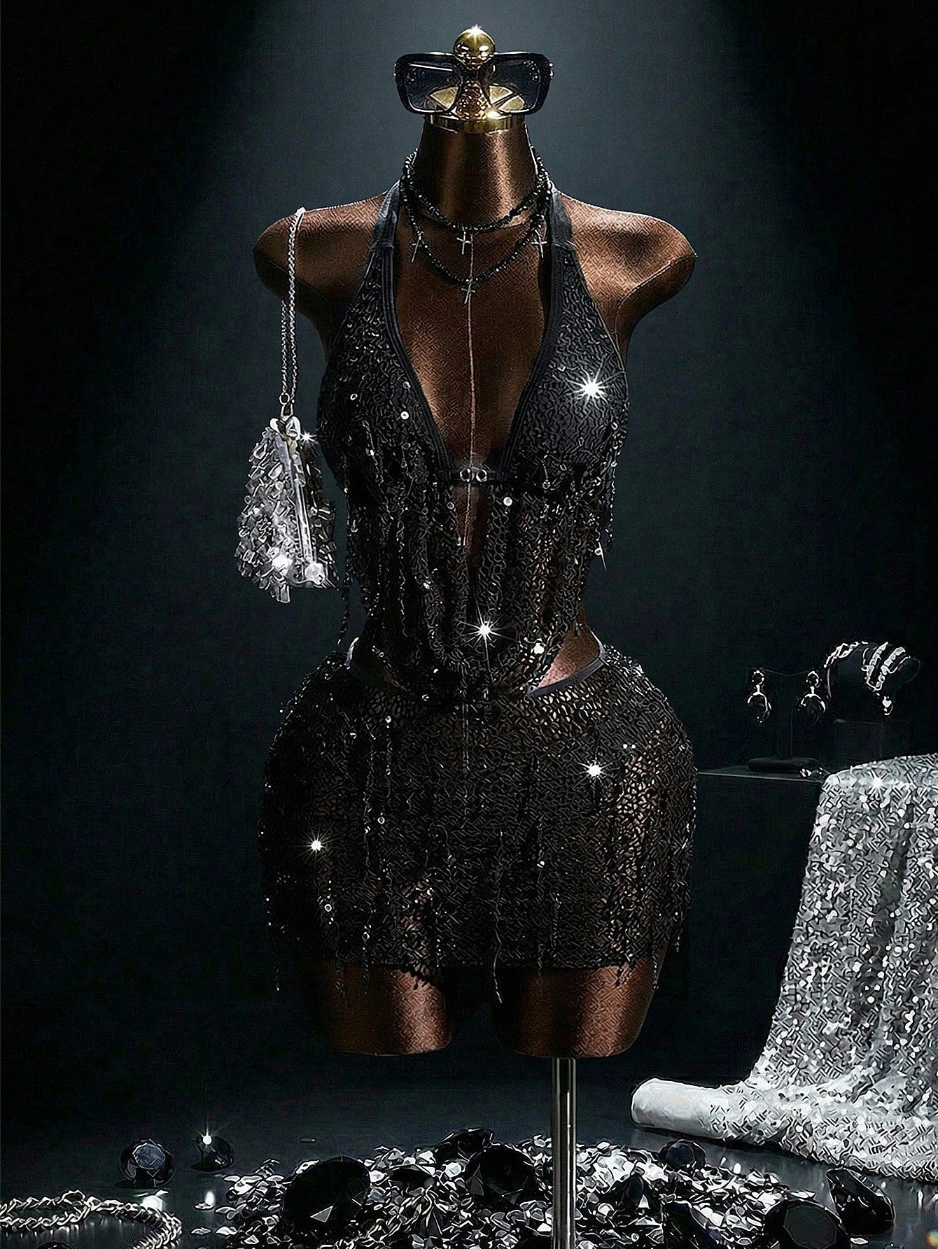 Zestiva Women's Black Summer 3 PiecesSwimsuit Set,70s Retro Sequin Tassel Plunging Neck Showgirl Birthday Outfit For Ladies,Beach Party Resort Diva Club