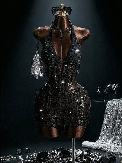 Zestiva Women's Black Summer 3 PiecesSwimsuit Set,70s Retro Sequin Tassel Plunging Neck Showgirl Birthday Outfit For Ladies,Beach Party Resort Diva Club