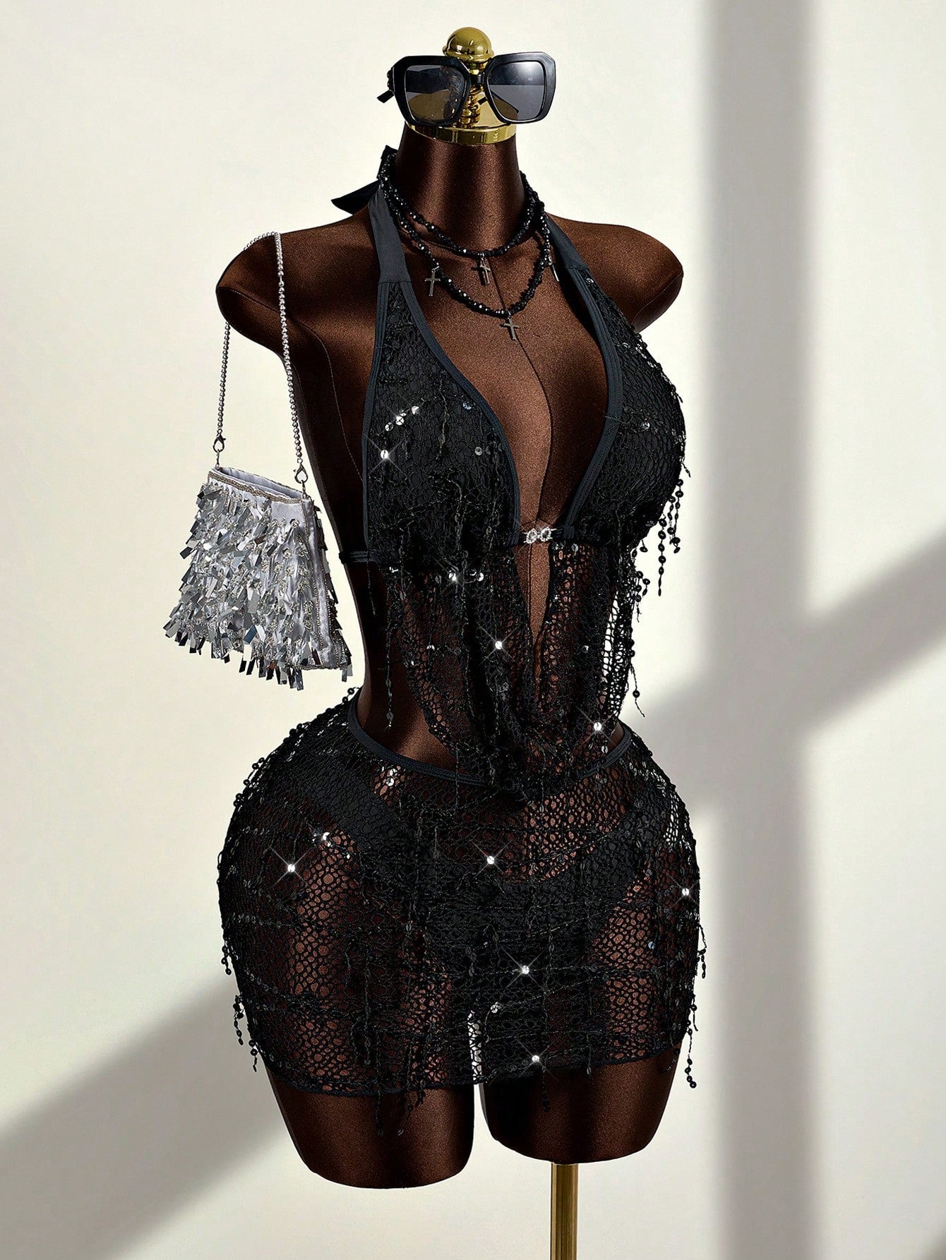 Zestiva Women's Black Summer 3 PiecesSwimsuit Set,70s Retro Sequin Tassel Plunging Neck Showgirl Birthday Outfit For Ladies,Beach Party Resort Diva Club