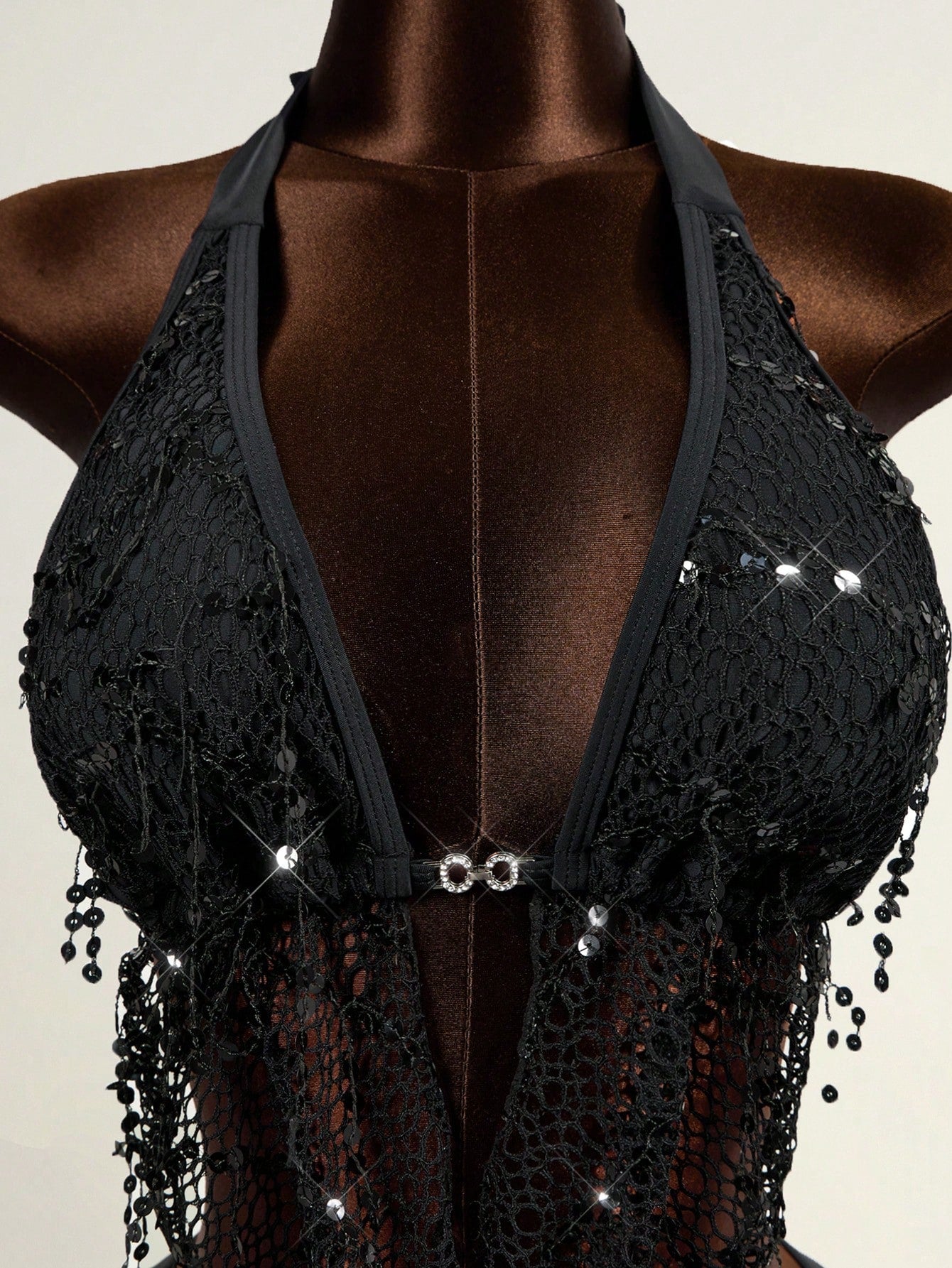 Zestiva Women's Black Summer 3 PiecesSwimsuit Set,70s Retro Sequin Tassel Plunging Neck Showgirl Birthday Outfit For Ladies,Beach Party Resort Diva Club