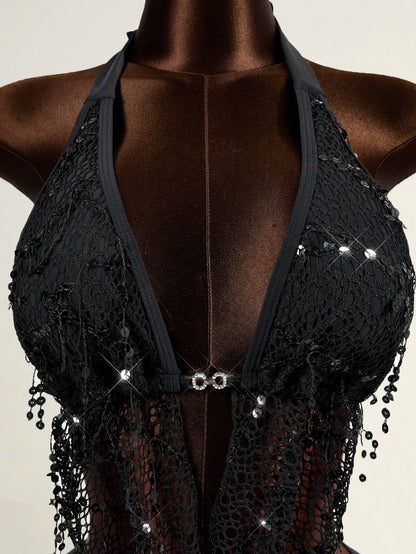 Zestiva Women's Black Summer 3 PiecesSwimsuit Set,70s Retro Sequin Tassel Plunging Neck Showgirl Birthday Outfit For Ladies,Beach Party Resort Diva Club
