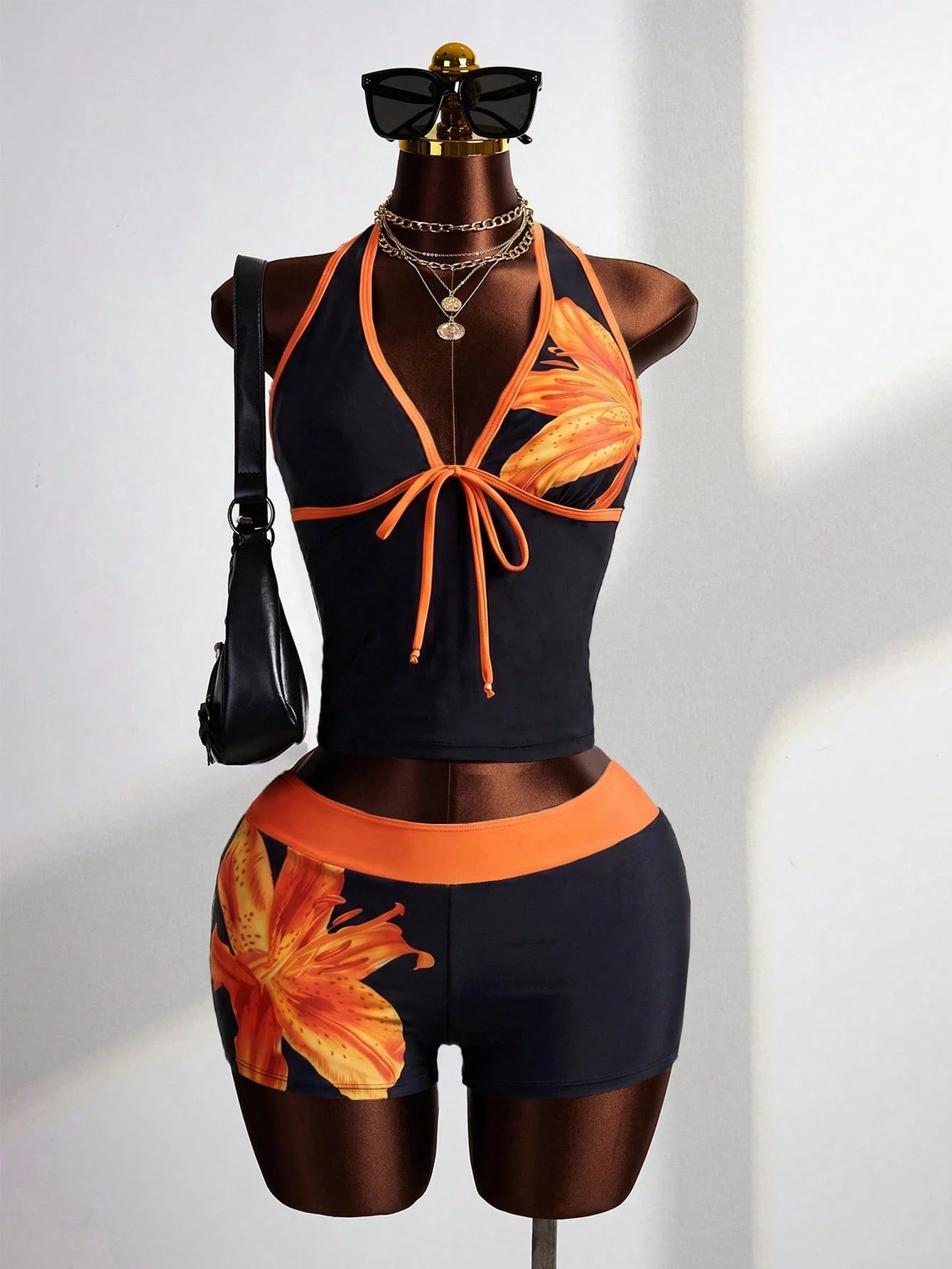 Zestiva Women's Black Summer Casual Leopard Print Contrast Trim Halter Tankini Top With Fitted Hipster Bottoms,2 Pieces Swimwear Set For Beach Party,Holiday