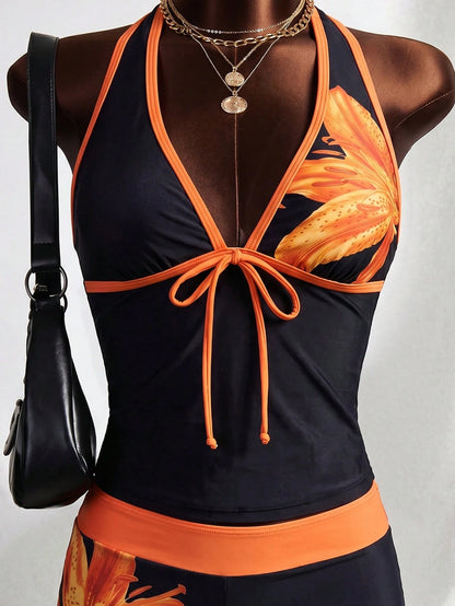 Zestiva Women's Black Summer Casual Leopard Print Contrast Trim Halter Tankini Top With Fitted Hipster Bottoms,2 Pieces Swimwear Set For Beach Party,Holiday