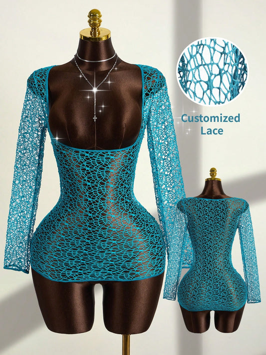 Zestiva Women's Solid Color Teal Blue Hollow Out Long Sleeve Cover Up Dress,Summer Casual Mesh Crochet 1 Piece Set For Beach Holiday Vacation,Bohemian Style
