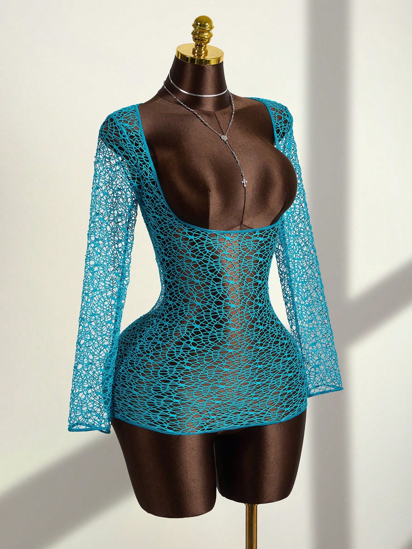 Zestiva Women's Solid Color Teal Blue Hollow Out Long Sleeve Cover Up Dress,Summer Casual Mesh Crochet 1 Piece Set For Beach Holiday Vacation,Bohemian Style