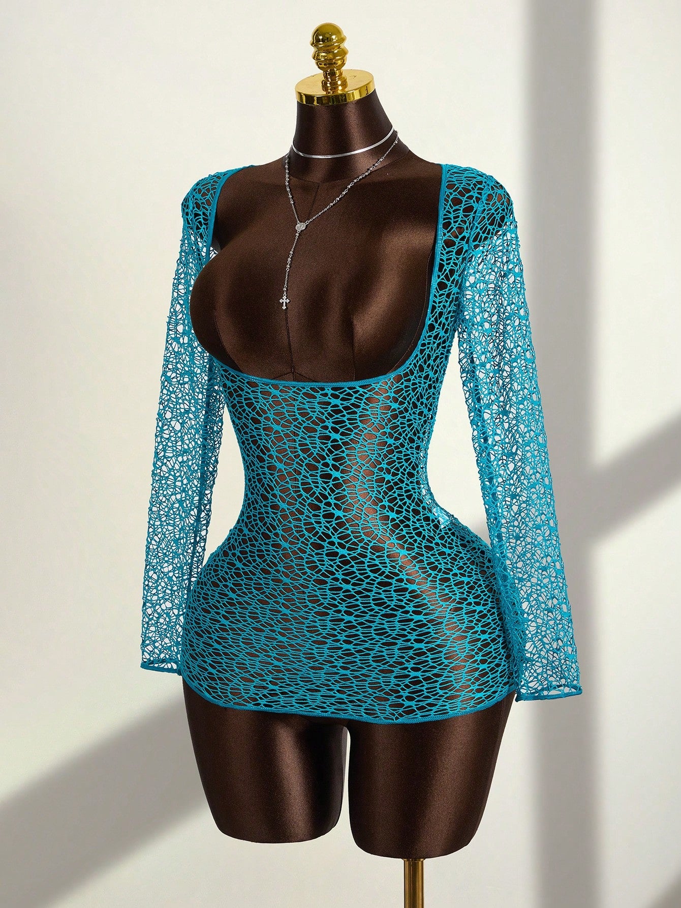 Zestiva Women's Solid Color Teal Blue Hollow Out Long Sleeve Cover Up Dress,Summer Casual Mesh Crochet 1 Piece Set For Beach Holiday Vacation,Bohemian Style