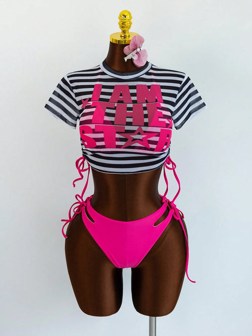 Zestiva Women's Summer Beach Solid Color Halter Neck Tie Sexy Bikini And Triangle Bottoms Two-Piece Swimsuit Set With Striped Short Sleeve Top