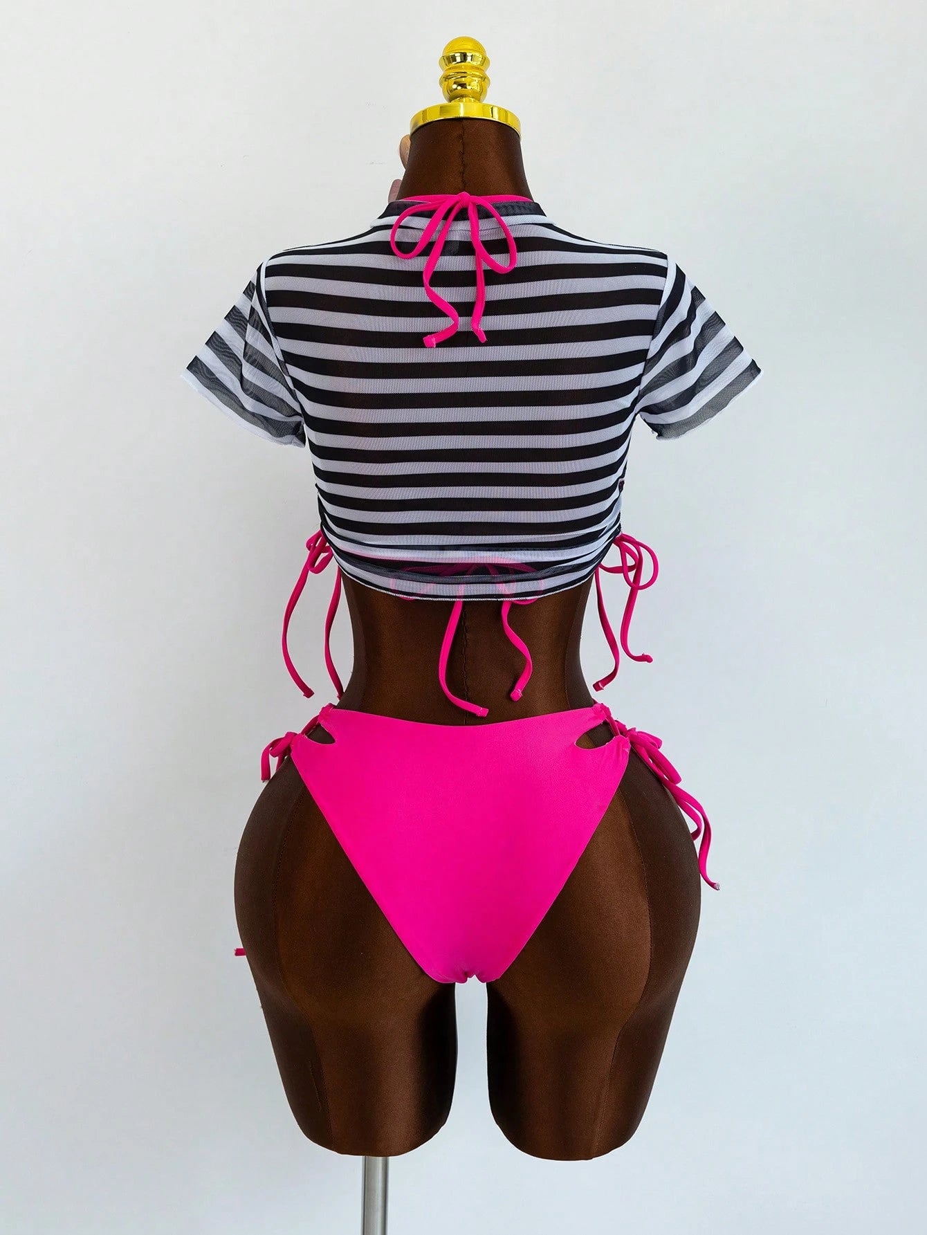 Zestiva Women's Summer Beach Solid Color Halter Neck Tie Sexy Bikini And Triangle Bottoms Two-Piece Swimsuit Set With Striped Short Sleeve Top