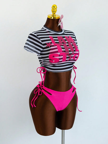 Zestiva Women's Summer Beach Solid Color Halter Neck Tie Sexy Bikini And Triangle Bottoms Two-Piece Swimsuit Set With Striped Short Sleeve Top