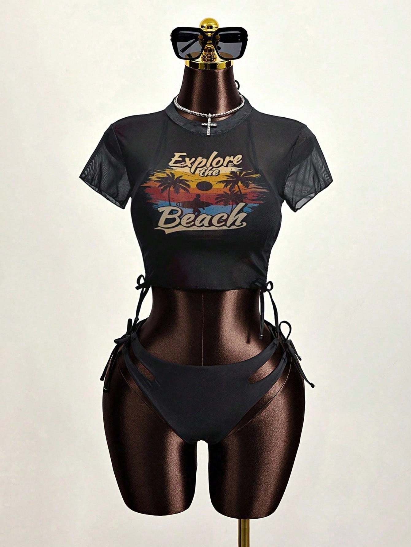 Zestiva Women's Summer Beach Solid Color Halter Neck Tie Sexy Bikini And Triangle Bottoms Two-Piece Swimsuit Set With Striped Short Sleeve Top