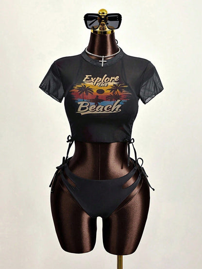Zestiva Women's Summer Beach Solid Color Halter Neck Tie Sexy Bikini And Triangle Bottoms Two-Piece Swimsuit Set With Striped Short Sleeve Top