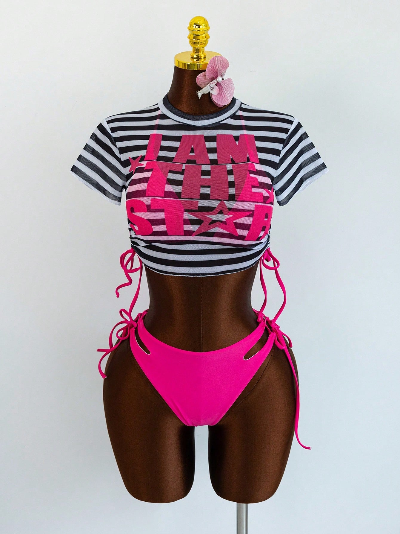 Zestiva Women's Summer Beach Solid Color Halter Neck Tie Sexy Bikini And Triangle Bottoms Two-Piece Swimsuit Set With Striped Short Sleeve Top