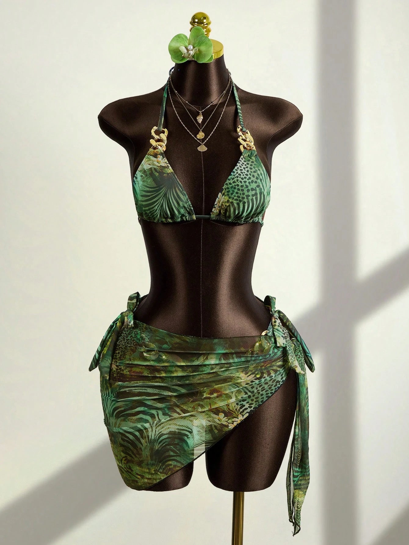 Zestiva Women's Summer Vacation Casual Beach Outfit, Zebra & Leopard Print Pattern 3-Piece Bikini Set With Halter Neck Tie And Skirt, Holiday Swimwear