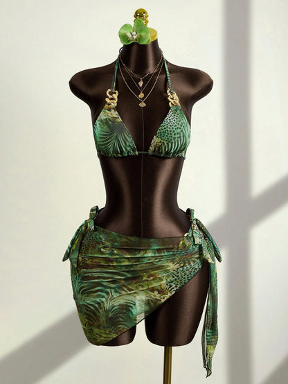 Zestiva Women's Summer Vacation Casual Beach Outfit, Zebra & Leopard Print Pattern 3-Piece Bikini Set With Halter Neck Tie And Skirt, Holiday Swimwear
