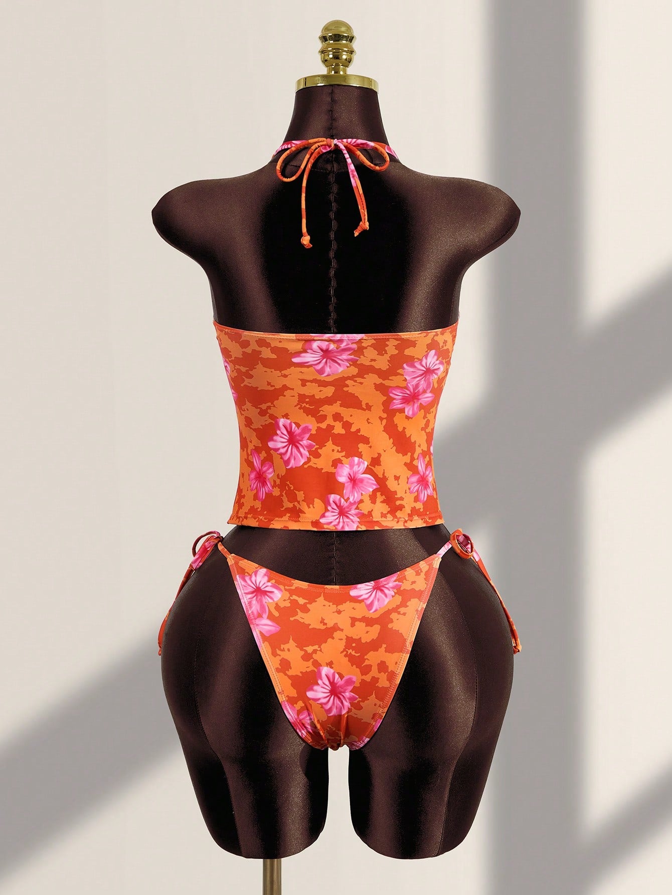 Zestiva Women's Summer Vacation Casual Beach Wear Tropical Floral Print Strapless Bandeau Tie Back Camisole Strap Bikini Lace Trim 2-Piece Swimwear Set